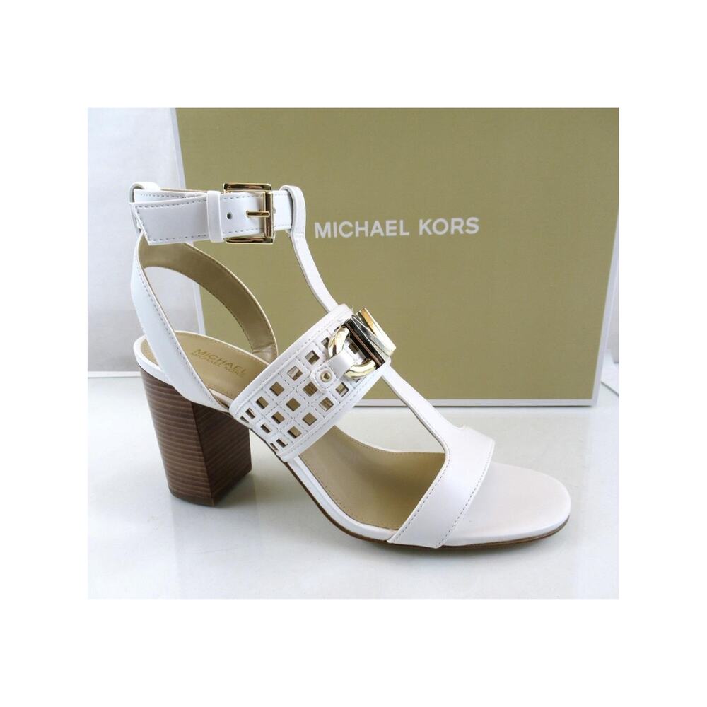 Michael Kors Izzy T-Strap Sandals Embellished Lasered Faux Leather White